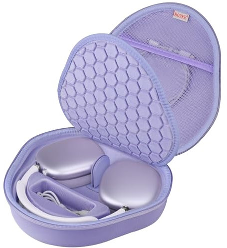 BOVKE Hard Headphone Carrying Case with Sleep Mode for Apple AirPods Max Wireless Over-Ear Headphones, AirPods Max Protective Portable Storage Bag with Mesh Pocket for Headphone Accessories, Purple