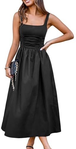 CUPSHE Abito da donna per feste con scollo quadrato, casual, senza maniche, in maglia, plissettato, a linea, maxi, abito formale, Nero , L