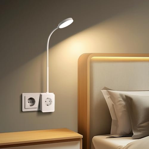Aigostar Lampada da Lettura LED con Spina e Presa di Corrente， Porte USB e Tipo C， Luce da Parete con Controllo Tattile， 3 Colori di Luce， Dimmabile， Bianco