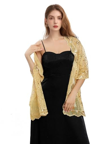 Xvbhaq Cape Damen, Pailletten, Spitze, Pashminas, Schwarz, Stickerei, Stola für Reise, Festlich, Abendkleid, Braut Hochzeit