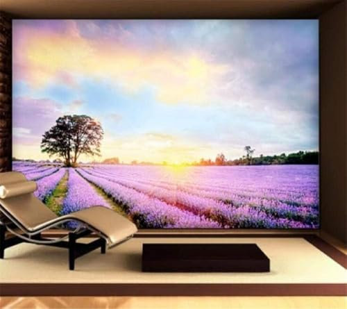 Violet Lavande Fleurs Arbres Soleil Ciel Papier Peint 3D Intissé Tapisserie Bureau Salon Canapé Chambre Fond Décoration Murale-430cm×300cm