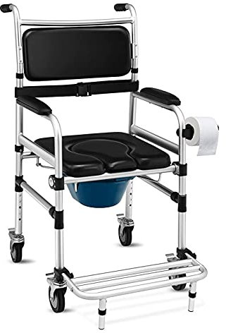 HUNTFF Chaise percée de Toilette à roulettes, Chaise percée de Chevet et Toilettes Mobiles, Fauteuil Roulant pour Adulte et déambulateur Pliable léger pour Personnes handicapées, Douche avec Frein