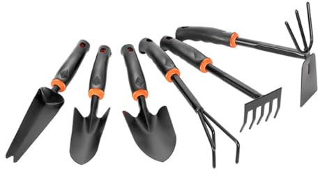 Sosoport 6pièces Set De Outils De Jardinage avec Râteau à Double Usage Et Pelle Large Poignée Plastique Antidérapante Outils Pratiques pour Balcon Et Jardinage Pots Noir Orange