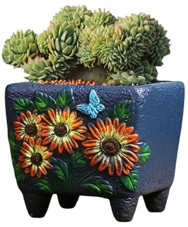 Keninll Maceta para suculentas, diseño retro de flores pintadas a mano, decoración de escritorio para interiores y exteriores con agujero de drenaje, mini maceta de girasol
