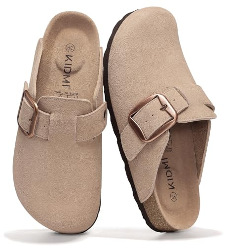 KIDMI Genuine Suede Clogs for Women Memory Foam Cork Footbed Potato Shoes Slip On Leather Mules with Big Buckle, Taupe Size 8.5-9 (40)