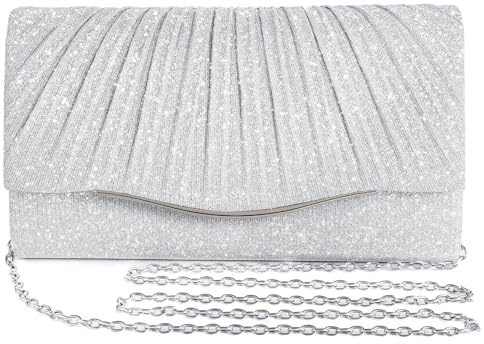 TELAIN Glitzernde Clutch Handtasche für Damen, Elegante Abendtasche für Hochzeit, Cocktail, Party & Festliche Anlässe, Mit Abnehmbarer Schulterkette, Vielseitig als Clutch (Silber)
