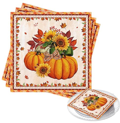 Lot de 20 serviettes décoratives d'automne, 33 x 33 cm, serviettes en papier, jetables, motif d'automne, avec citrouille et tournesol, pour décoration de table d'automne