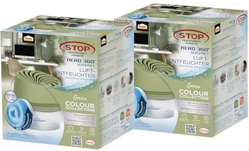 Pattex AERO 360° Kompakt Luftentfeuchter Green Colour Collection, 2x 1 Gerät inkl. 1 Nachfülltab, Raumentfeuchter für effektive Luftzirkulation, Raumluftentfeuchter reduziert Luftfeuchtigkeit