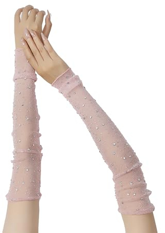 Women's Long Rhinestone Gloves Mesh Sparkly Glitter Fingerless Opera Glove