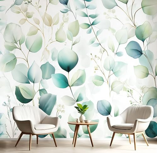 Carta Da Parati Effetto 3D Foglie Acquerello 150X105Cm Fotomurali Piante Semplici, Decorazione Poster Turchese Arte Murale Moderna Per Ufficio Parete Camera Da Letto Soggiorno