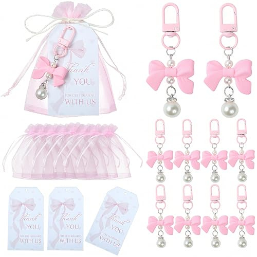 Dvehdbay 20Set Shes Tying the Knot Bridal Shower - Shes Tying the Knot Party Favors, Coquette Pink Bow Party Favors Include 20 Coquette Keychains, 20 Pink Bow Goodie Bags and 21 Thank You Card