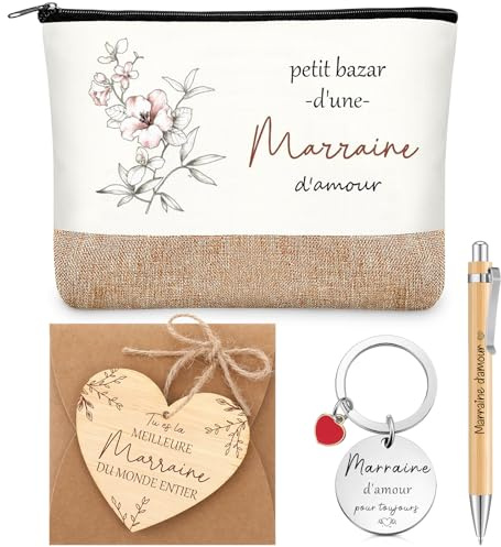 Tenare 6 Pièces Cadeaux pour Marraine Trousse de Maquillage Porte-Clés | Stylo à Bille en Bois, Plaque en Bois de Cœur, avec Ficelle, Enveloppe, Cadeau Marraine pour Noël Anniversaire, Baptême