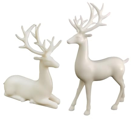 White Resin Reindeer Figurines Set, 16.3 cm and 10.8 cm Height, Modern Decorative Deer Statues for Home, 2-Piece
