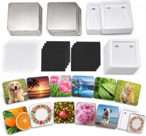 Kühlschrankmagnet-Button-Set 50 mm × 50 mm, 100 Stück quadratische Kühlschrankmagnet-Aufkleber, Button Maker mit Metallgehäuse, Kunststoffrückseite, weichem Magneten und Regenbogenfolie