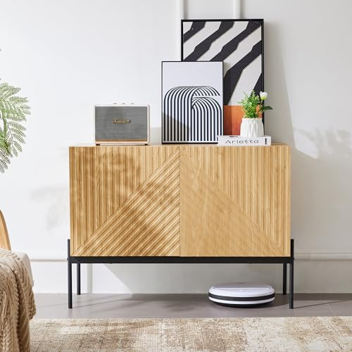 LLGWGL Skänk vardagsrum byrå sideboard smal – modern metallbuffé med 2 dörrar metallben linjer design för kök hall sovrum, natur, B100/T40/H 75 cm