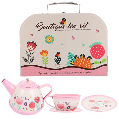 ifundom Pretend Play Tea Set Pink Tin Teapot, Teacups, and Portable Carry Case – Imitation Afternoon Tea Plaything for and Preschoolers