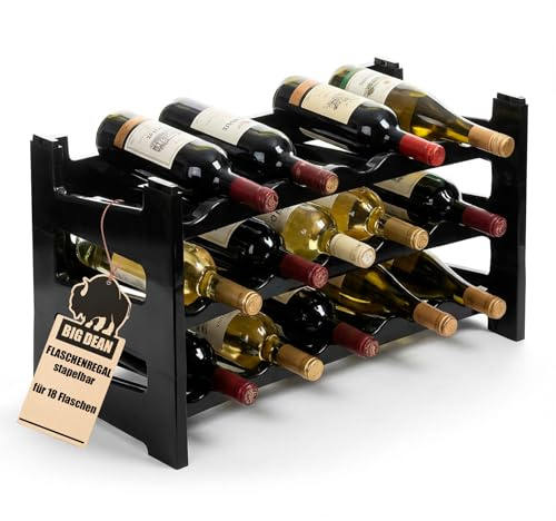 BigDean Flaschenregal stapelbar für 18 Flaschen Weinregal aus Kunststoff | Farbe Schwarz, Getränkeregal Flaschen Regalsystem für Glas- & PET bis 1,5 Liter, Weinflaschenregal, Stapelregal