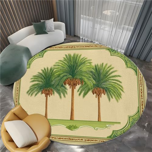 Victorian Frame Date Palm Tree Round Area Rugs Living Room 160 cm, Beige Soft Fluffy Carpet Mat Circle Area Rug Non Slip Washable Rug for Kitchen Floor Mat