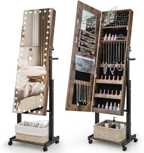 GOPLUS Armoire à Bijoux à Roulettes avec LED 3 Couleur, 2 Hauteur et 3 Angle Réglable, Intelligent Tactile, Armoire a Bijoux avec Miroir sur Pied avec Porte-manteau, Rangement (Marron)
