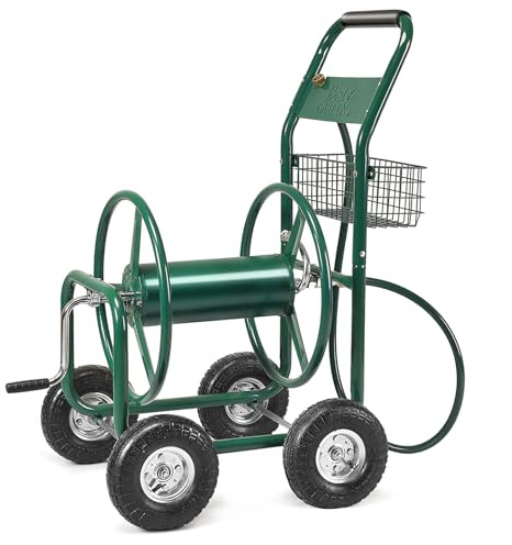 FANTASK Carrello per tubo da 5/8, carrello per tubo da giardino con cesto, supporto per tubo in metallo, srotolatore fino a 80 m, avvolgitubo con tubo di collegamento da 189 cm