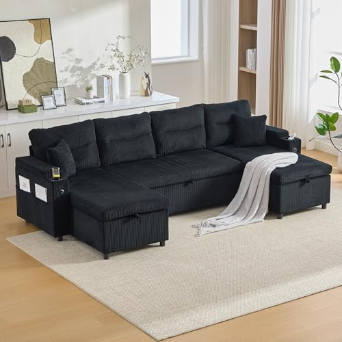 VS VanShine Wohnlandschaft U Form, Sofa mit Schlaffunktion, Schlafsofa mit Beidseitigen Chaiselongues, Samt, Integriertem Stauraum, Getränkehaltern, USB-Anschlüssen, 272×136×86cm (Schwarz)
