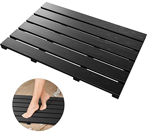 Bath Mat for Bathroom Luxury Shower - Non-Slip Bamboo Wooden Waterproof Floor Mat for Indoor or Outdoor Use (Black)