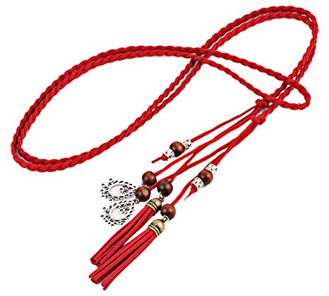 Elonglin Damen Gürtel Dekorative Schmal Boho Flechtgürtel Geflochten Taillengürtel Waist Belt mit Troddel Rot 170 * 0.6cm (L*B)