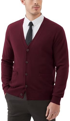 Kallspin Men’s Wool Blend Cardigan Sweater V Neck Button Front Knitwear Long Sleeve Smart Casual Jumper(Burgundy Red, Large)