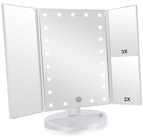 Infitrans Trifold Makeup Mirror Vanity Mirror with Lights,1X 2X 3X Magnification,Touch Control,Adjustable Rotation,Dual Power Supply,Portable Travel Cosmetic Mirror,Birthday Gifts for Women,Teengirls