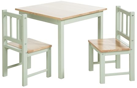 Bomi Amy - Juego de mesa infantil de madera con 2 sillas, mesa y sillas para niños, mesa de juego en color natural y verde, mesa infantil para interiores, mesa de pintura y mesa de manualidades para