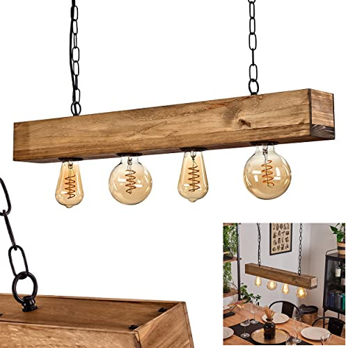 HOFSTEIN Pendelleuchte Berat, längliche Hängelampe aus Metall/Holz in Schwarz/Dunkelbraun, moderne Leuchte mit Holzbalken und Ketten-Gliedern, 4-flammig, 4 x E27, für Esszimmer, Wohnzimmer, Küche