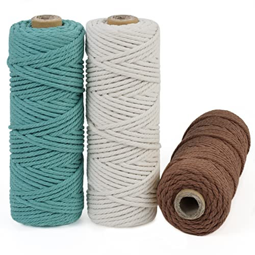LEREATI Corda Macrame 3mm x 150m, 3 Colori Filo Macrame Corda Cotone Cordoncino Colorata, Cordino per Borse Uncinetto, Arazzo da Parete, Decorazioni, Acchiappasogni, Fai da Te (3 Colori Q)