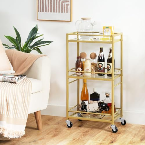 MAHANCRIS 3 Tier Bar Cart for Home, Kitchen Storage Island Serving Cart on Wheels, Tempered Glass Trolley, Rolling Beverage Cart for Bar, Dining Room, Gold ARCJ40B01