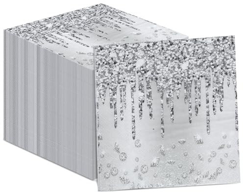 50 Silberfarbene Happy Birthday-Servietten - Glitzer-Party-Dekorationen für Diamant-Themen-Feiern - Für Erwachsene und Kinder