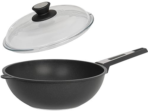 SKK großer 2-tlg. Wok Ø 28 cm mit Stiel - Induktion - Aluguss Antihaft Stielwok mit glattem Boden & Vollglas Deckel - Made in Germany
