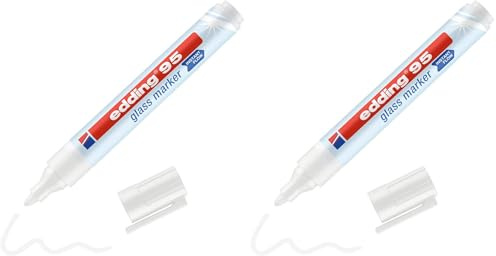 edding 95 glass marker - white - 1 glass pen - round nib 1.5-3 mm - washable window marker pen - for writing and marking on glass surfaces, windows, glassboards, whiteboards - dry-wipeable (Pack of 2)