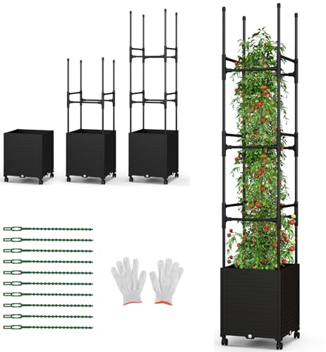 GiantexUK Raised Garden Bed with Trellis, Adjustable Rolling Planter Pox with Wheels, Self Watering System & Plant Ties, Flower Vegetables Herbs Climbing Plants Support Tomato Cage Garden Trellis