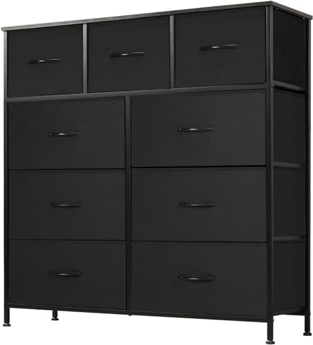 DUMOS Kommode mit Schubladen - Kommoden & Sideboards für Schlafzimmer Geeignet, Komodenschrank mit 9 Schubladen, Stoffkommode mit Stabilem Stahlrahmen, Ideal für Schlafzimmer, Wohnzimmer (Schwarz)