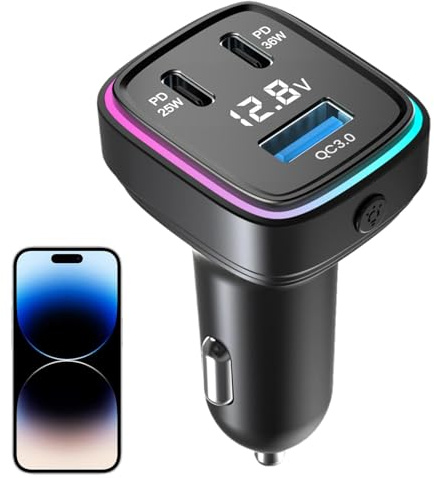 Cargador USB para vehículo: adaptador de coche con iluminación ambiental, cargador USB C multipuerto | Adaptador de coche de carga rápida de 61 W, accesorio de automóvil ligero colorido para SUV