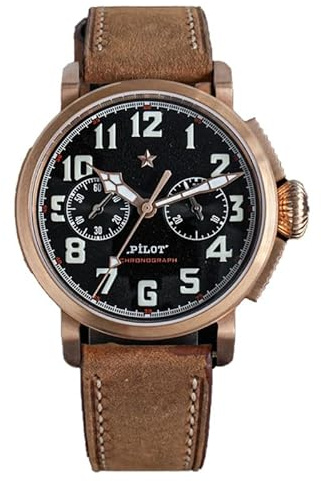 Seestern Sugess Pilot Cronógrafo Mecánico Bronce Negro Cuero Zafiro Reloj Hombre, bronce, Correa