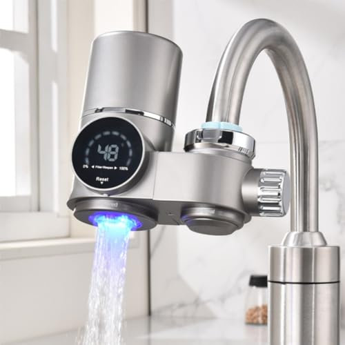 Wasserfilter Wasserhahn mit LED Anzeige, Wasserfilter Trinkwasser für Küche, entfernt Chlor, Schwermetalle und schlechten Geschmack, Kalkfilter Wasserhahn mit Blaulicht (Inkl. Filter*1)