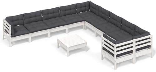 WEMYUFURN 11-TLG. Garten-Lounge-Set mit Kissen Weiß Kiefernholz, Outdoor-Sitzgruppe, Terrassen-Lounge-Set, Garten-Couchgarnitur - Wetterbeständig, Komfortabel - für Terrasse, Garten und Balkon