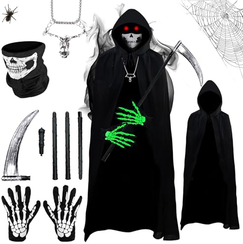 Grim Reaper Costume Kids Boys Adult Men, Halloween Black Fancy Dress Cosplay Costume Hooded Cloak with Skull Mask Plastic Scythe Luminous Skull Gloves Necklace