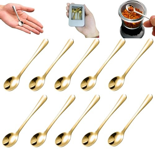 QinSuiKai 10 Pcs Gold Mini Spoons for Spices, Small Size 2.8 Salt Spoons with Tin Box,304 Stainless Steel Tiny Spoon, Little Spoon for Salt, Sugar, Coffee, Powder, Dessert, Caviar(Gold)