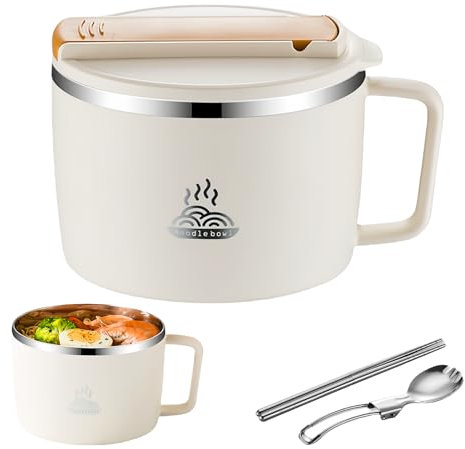WIYETY Bol à nouilles instantanées avec couvercle : 1300 ml, bol à ramen avec cuillère pliable et baguettes, bol à nouilles portable, en acier inoxydable, anti-fuite, bol isotherme instantané, avec