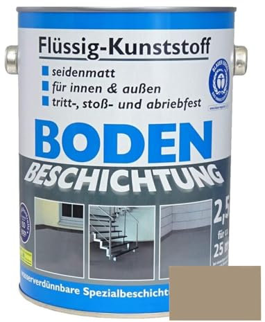 Dynamic24 Flüssig Kunststoff 2,5L Bodenbeschichtung 25m² Betonfarbe Beton Beschichtung Boden Estrich Farbe Halle Estrichfarbe Bodenfarbe für innen und außen Keller Terrasse Kellerboden (Graubeige)