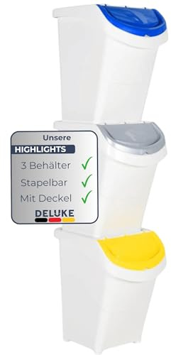 DELUKE® 3er Set Abfallbehälter mit Deckeln - 3x40L Stapelmülleimer | Abfalleimer Küche Mülleimer 3 Fächer Müllbehälter Kücheneimer 120L, Weiß