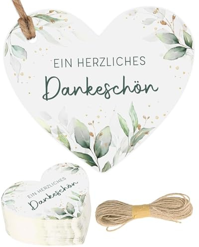 KEMUZ 50Pcs Danke Anhänger Herz Eukalyptus, 5cm Eukalyptus In Herzform Konfirmation Geschenk Danke Anhänger mit Schnur für Kommunion Hochzeit Geburtstag Taufe Etiketten Tags