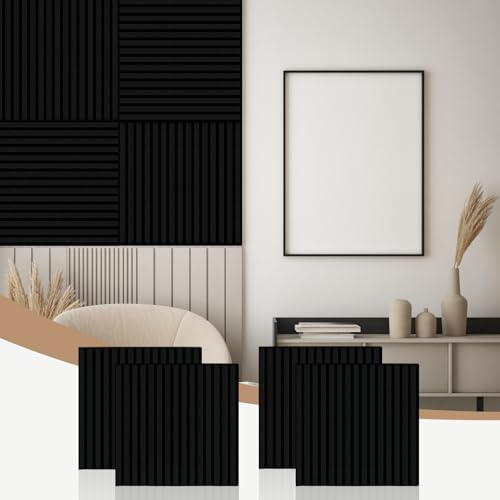 Lot de 4 panneaux acoustiques muraux en bois pour insonorisation - 600 x 600 mm - Couvre 1,44 ² - Panneaux muraux 3D à lattes en bois - Kits de panneaux muraux décoratifs pour la maison (noir mirage)