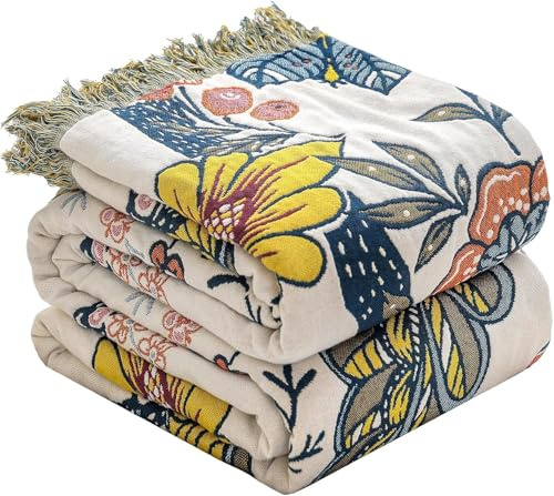 HOORDRY Bohemian Wende-Sofa-Überwurf, 100 % Bio-Baumwolle, atmungsaktiv, weich, Sofaüberwurf, groß, 3-Sitzer, Sessel und King-Size-Tagesdecke. 230 x 250 cm, bunte Blume
